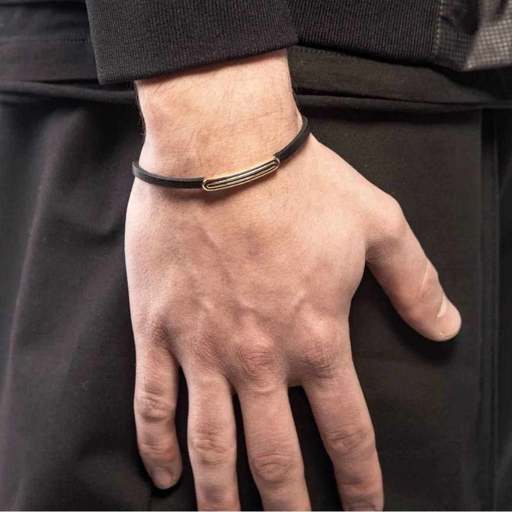 MARCO DAL MASO ACIES IPNOTIC BRACELET Yellow Gold, Black Enamel, Black Leather